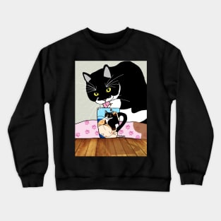 CUTE Tuxedo Cat drink his humans coffee  Copyright TeAnne Crewneck Sweatshirt